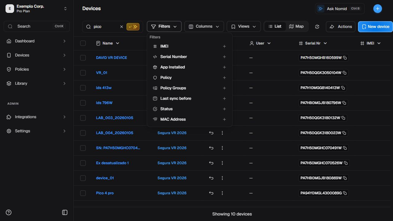 Filters panel in English with categories and list state