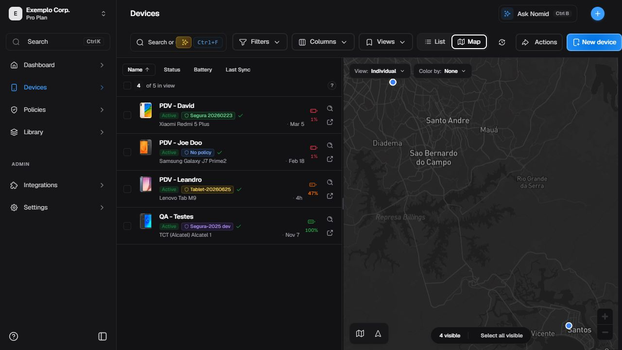 Device map in English with controls, marker, and general locality