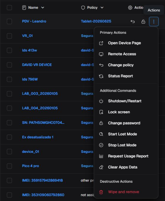 Device row in English with complete individual actions menu