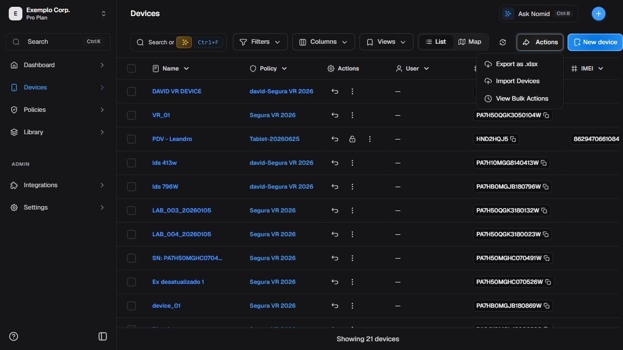 General actions menu on the Devices page in English