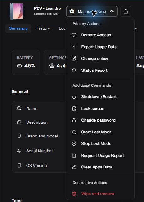 Manage device menu in English with available actions