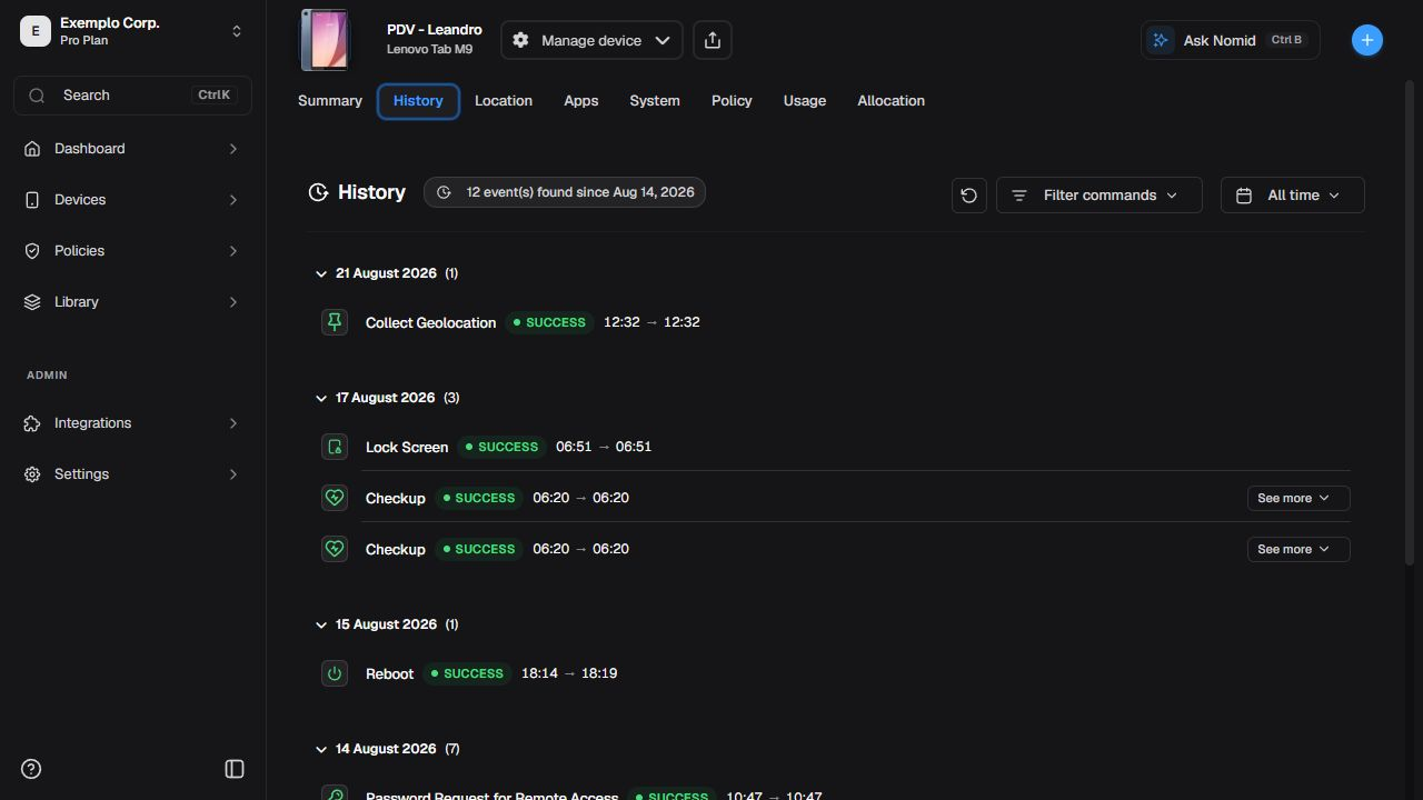 Device history in English with states, dates, and filters