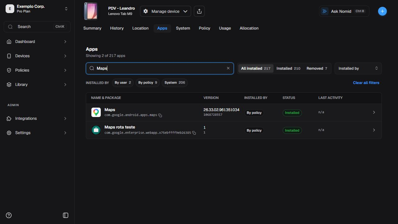 Installed apps inventory in English with search and filters