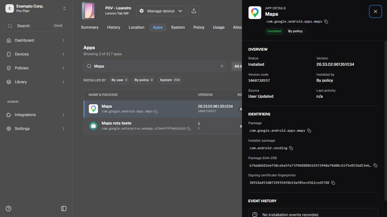App detail in English with package, version, source, and events