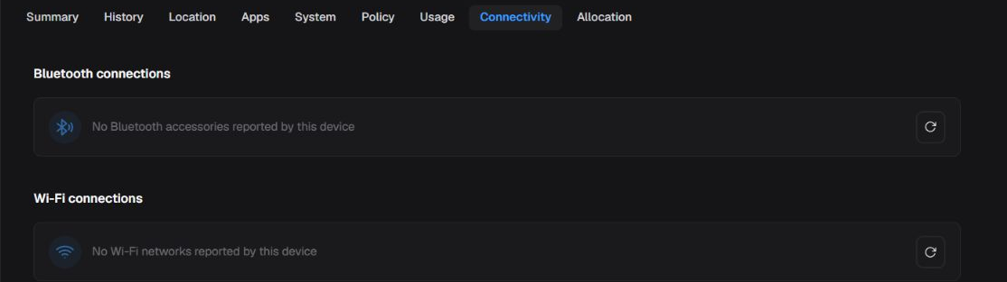 Connectivity tab in English with Bluetooth Connections and Wi-Fi Connections boxes
