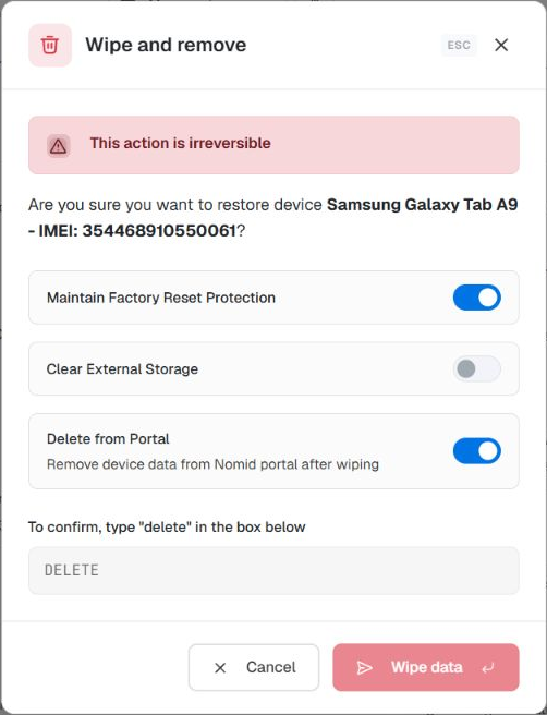 Wipe and remove dialog on Samsung Android 16/FULL, with Delete from Portal on and an empty confirmation field