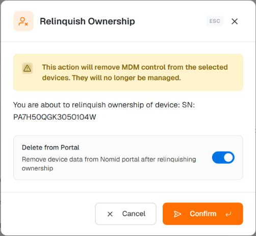 Relinquish Ownership dialog on Pico Android 10/FULL, with Delete from Portal on and Confirm enabled