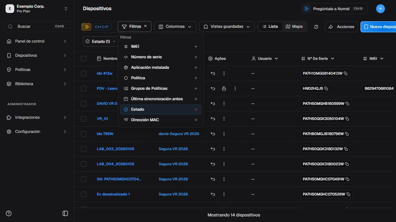 Panel de filtros en español con categorías y estado de la lista