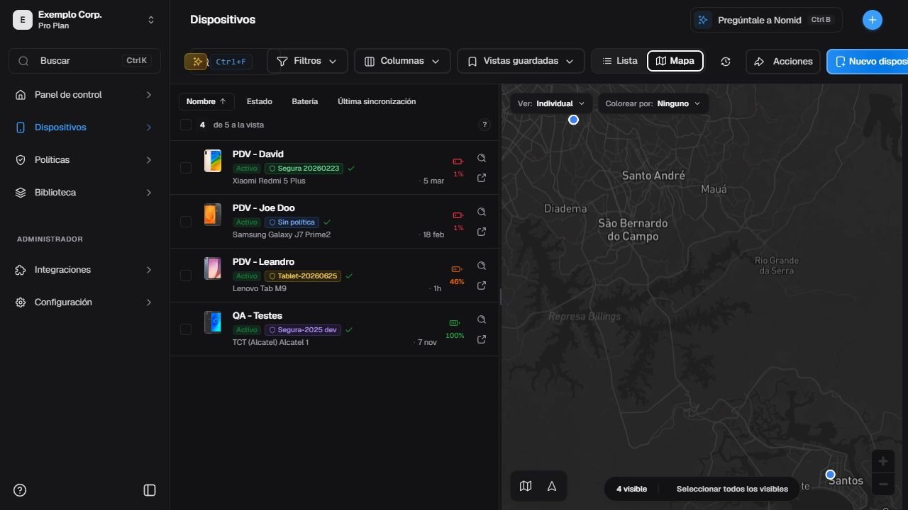 Mapa de dispositivos en español con controles, marcador y localidad general