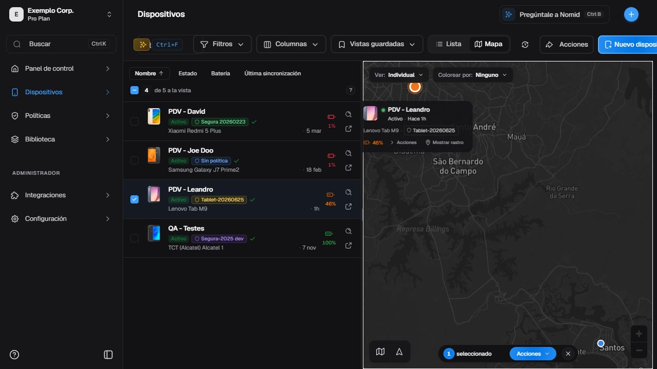 Marcador seleccionado en español con tarjeta y recorrido disponible