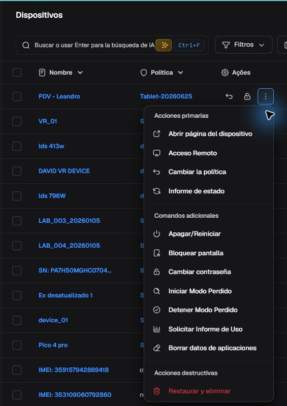 Fila de dispositivo en español con menú individual completo