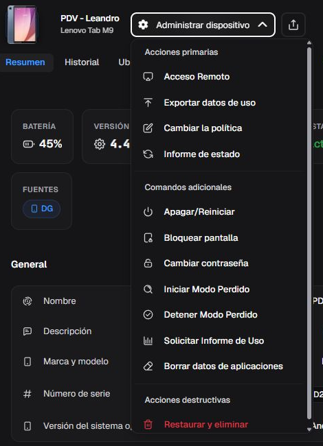 Menú Administrar dispositivo en español con acciones disponibles