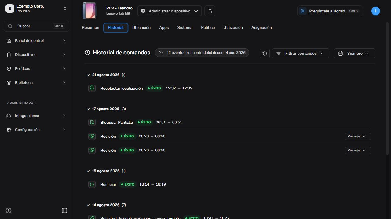 Historial del dispositivo en español con estados, fechas y filtros