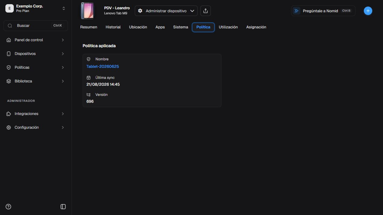 Política informada por el dispositivo en español