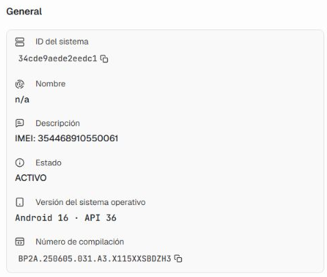 Bloque General con Versión del sistema operativo y Número de compilación
