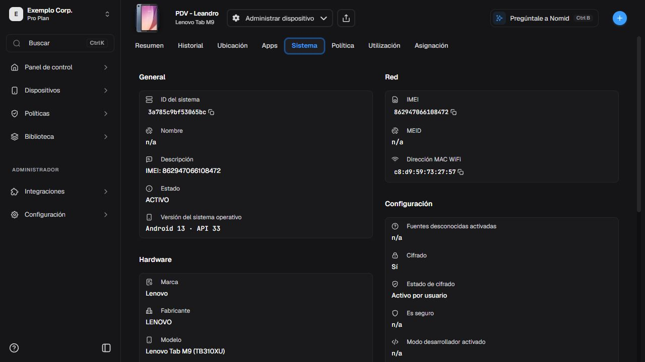 Página Sistema del dispositivo en español con hardware, red y configuración
