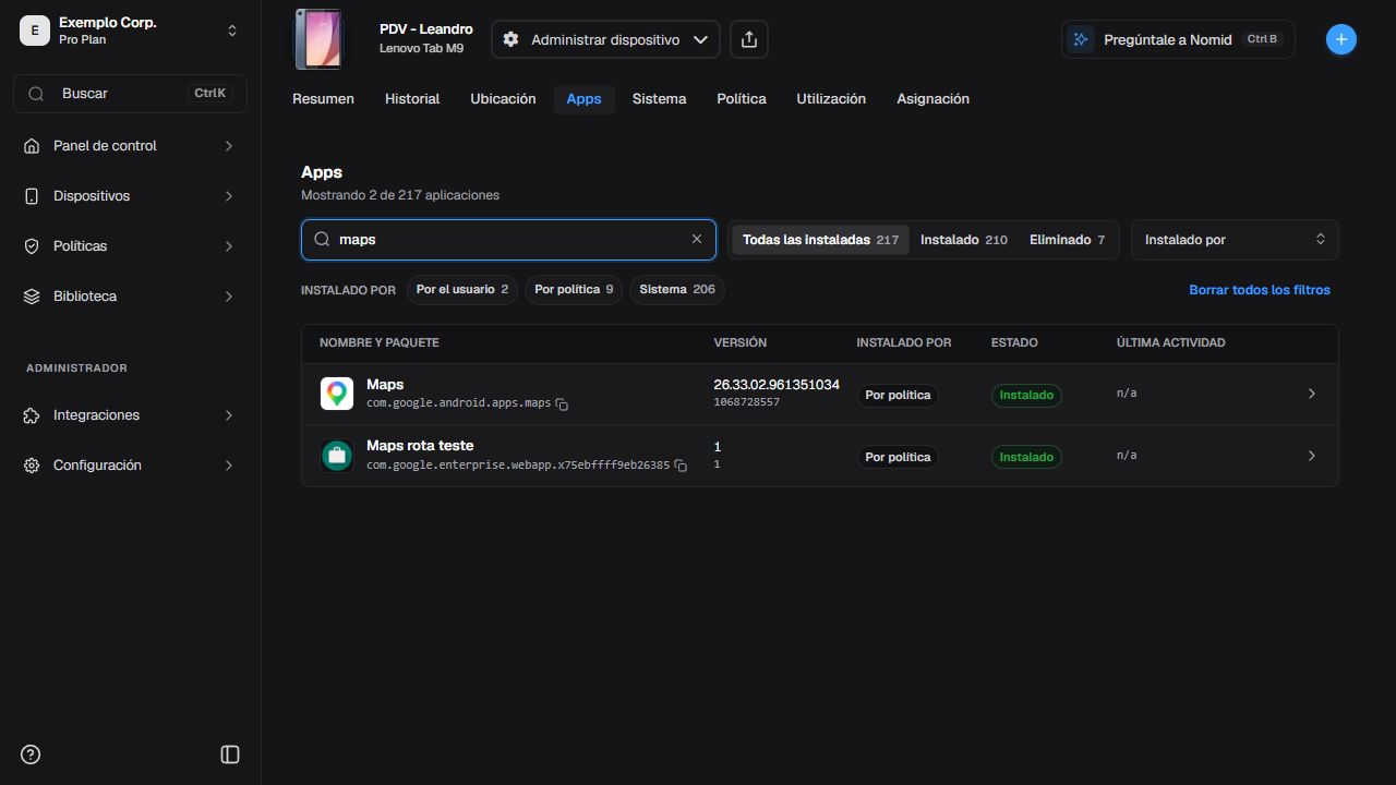 Inventario de aplicaciones del dispositivo en español con búsqueda y filtros