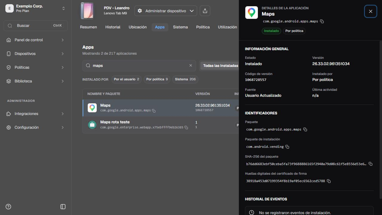 Detalle de aplicación en español con paquete, versión, origen y eventos