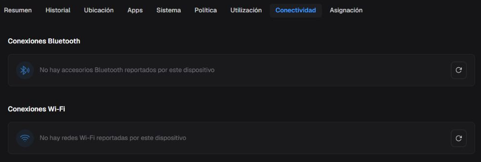Pestaña Conectividad en español con los cuadros Conexiones Bluetooth y Conexiones Wi-Fi