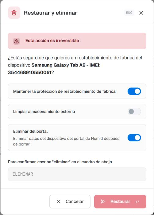 Diálogo Restaurar y eliminar en Samsung Android 16/FULL, con Eliminar del portal activado y confirmación vacía