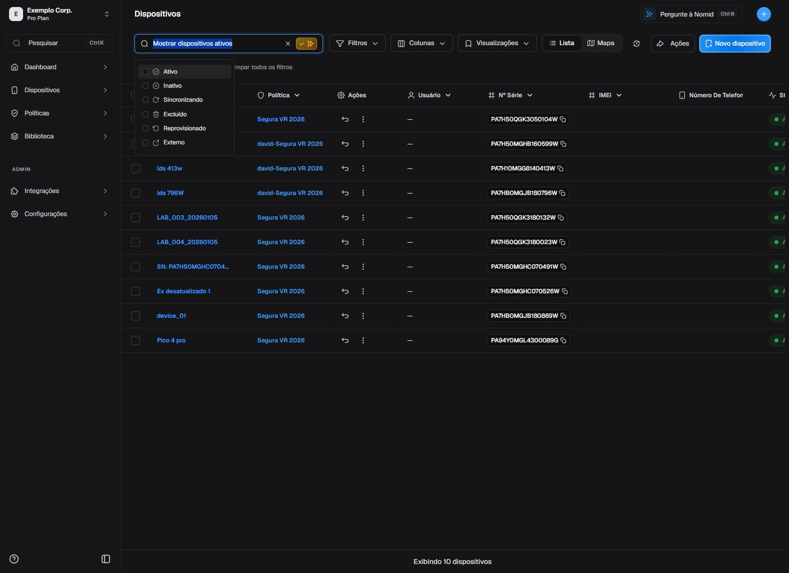 Painel de filtros em pt-BR com categorias e estado da lista