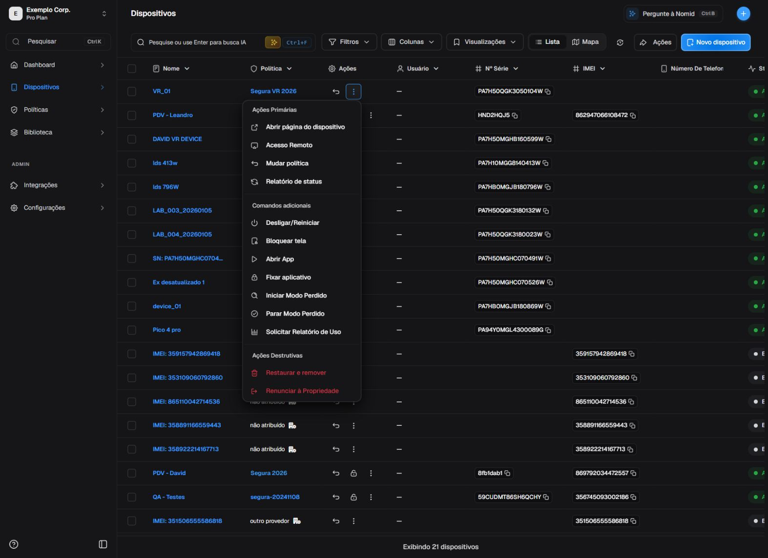 Linha de dispositivo em pt-BR com menu individual completo