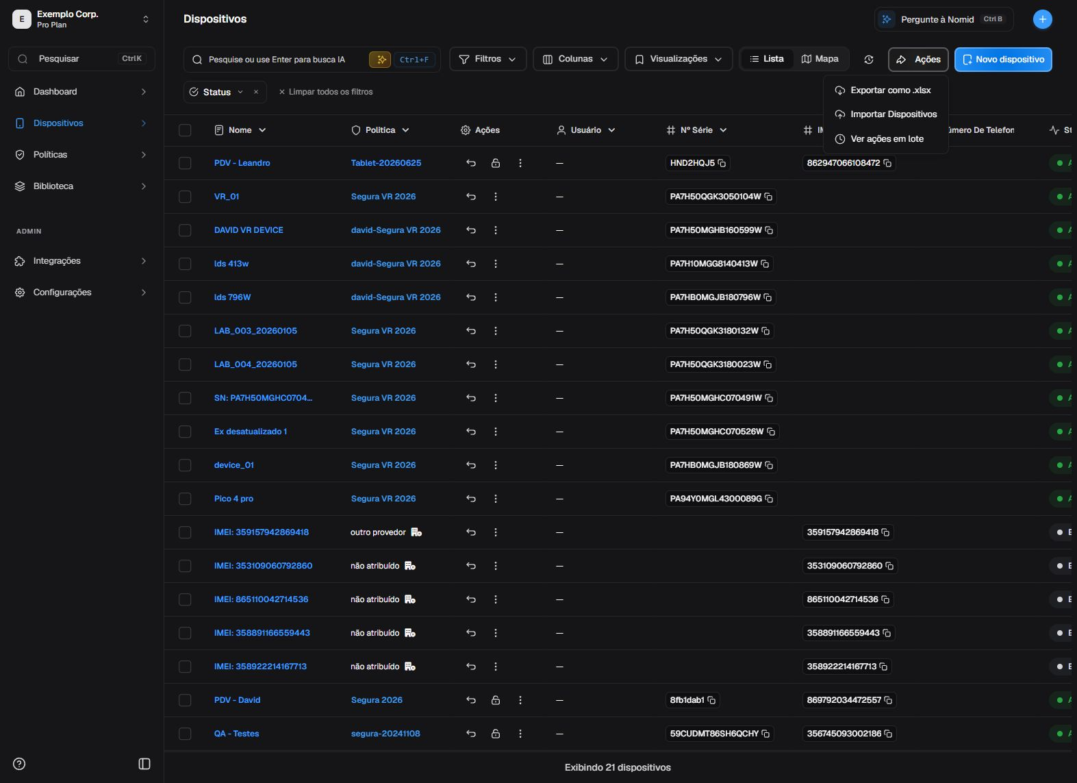 Menu de ações gerais da página Dispositivos em pt-BR