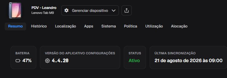 Resumo de dispositivo gerenciado em pt-BR com cabeçalho, estado, abas e métricas
