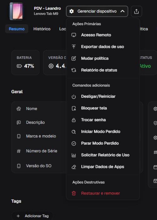 Menu Gerenciar dispositivo em pt-BR com ações disponíveis