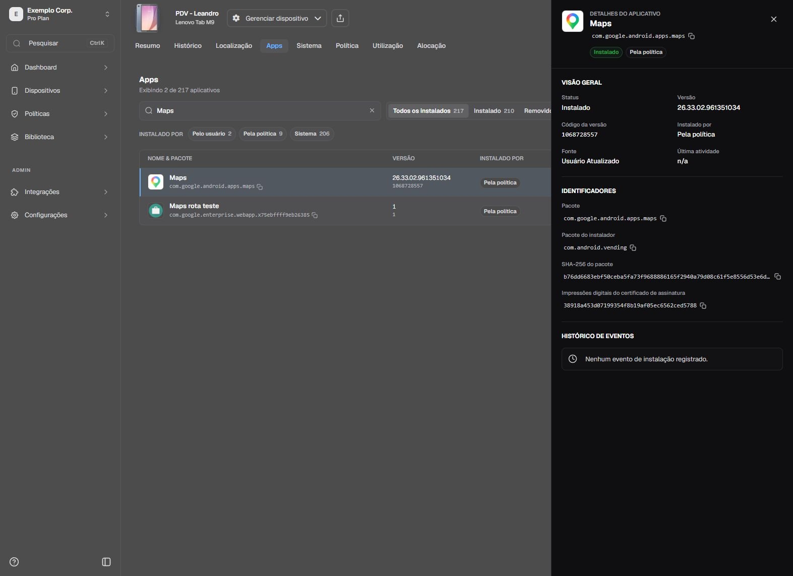 Detalhe de aplicativo em pt-BR com pacote, versão, origem e eventos
