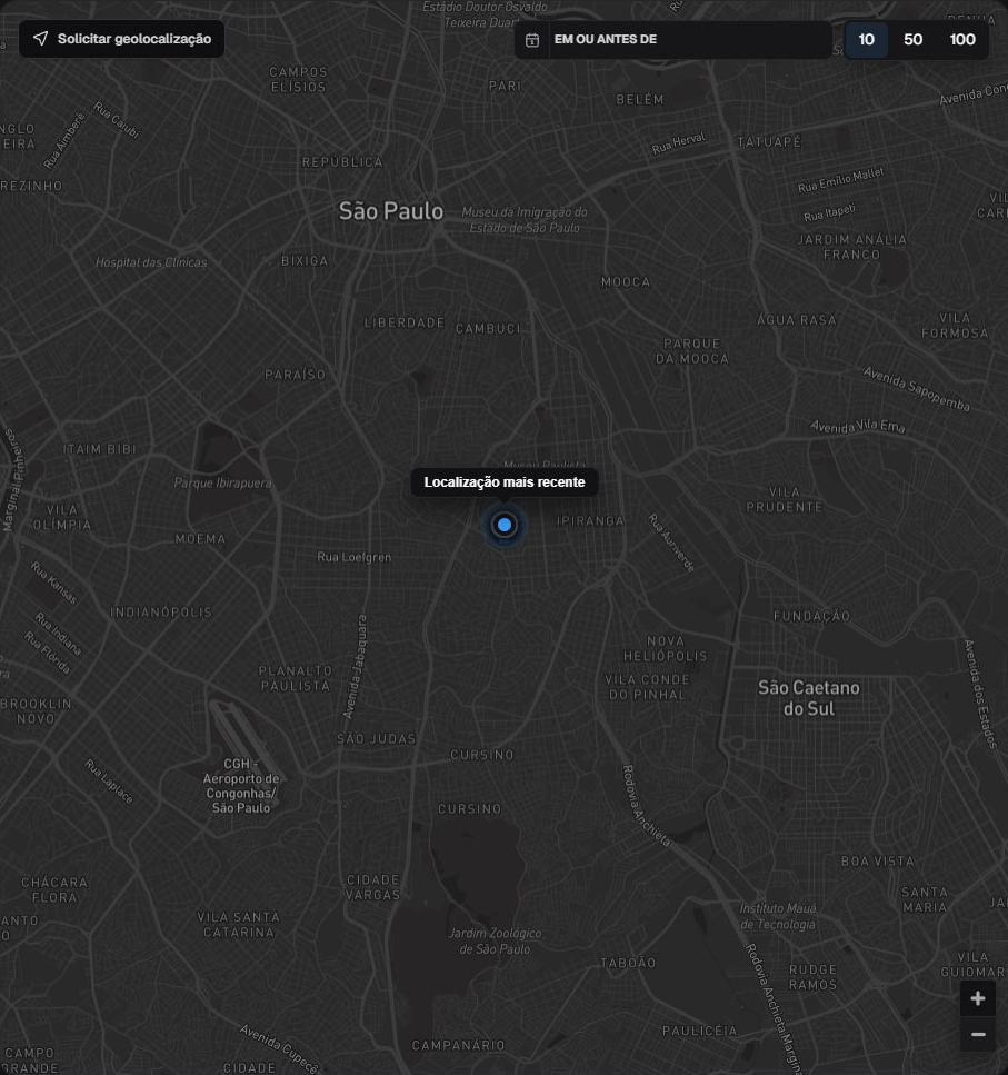 Mapa regional da localização do dispositivo em pt-BR com marcador e controles