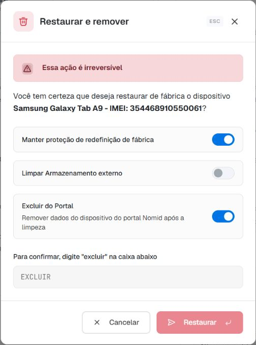 Modal Restaurar e remover no Samsung Android 16/FULL, com Excluir do Portal ativado e confirmação vazia