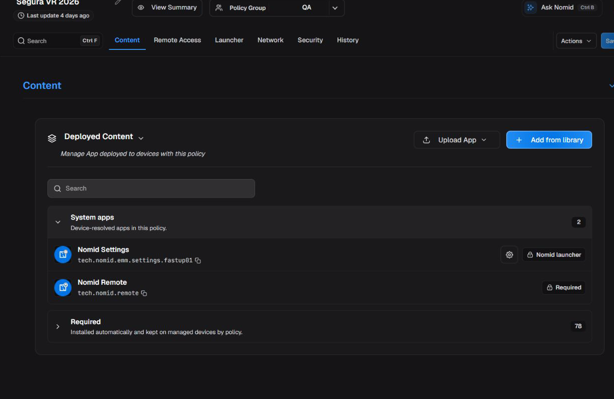 Content tab in the VR/Pico policy editor.