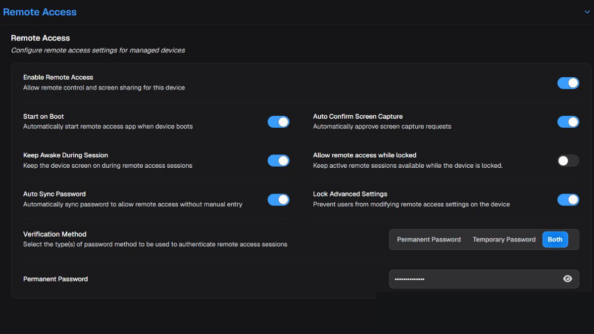 Policy Remote Access settings, with the password protected.