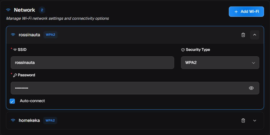 Network with an expanded Wi-Fi profile: SSID, WPA2 security, protected password and auto-connect.