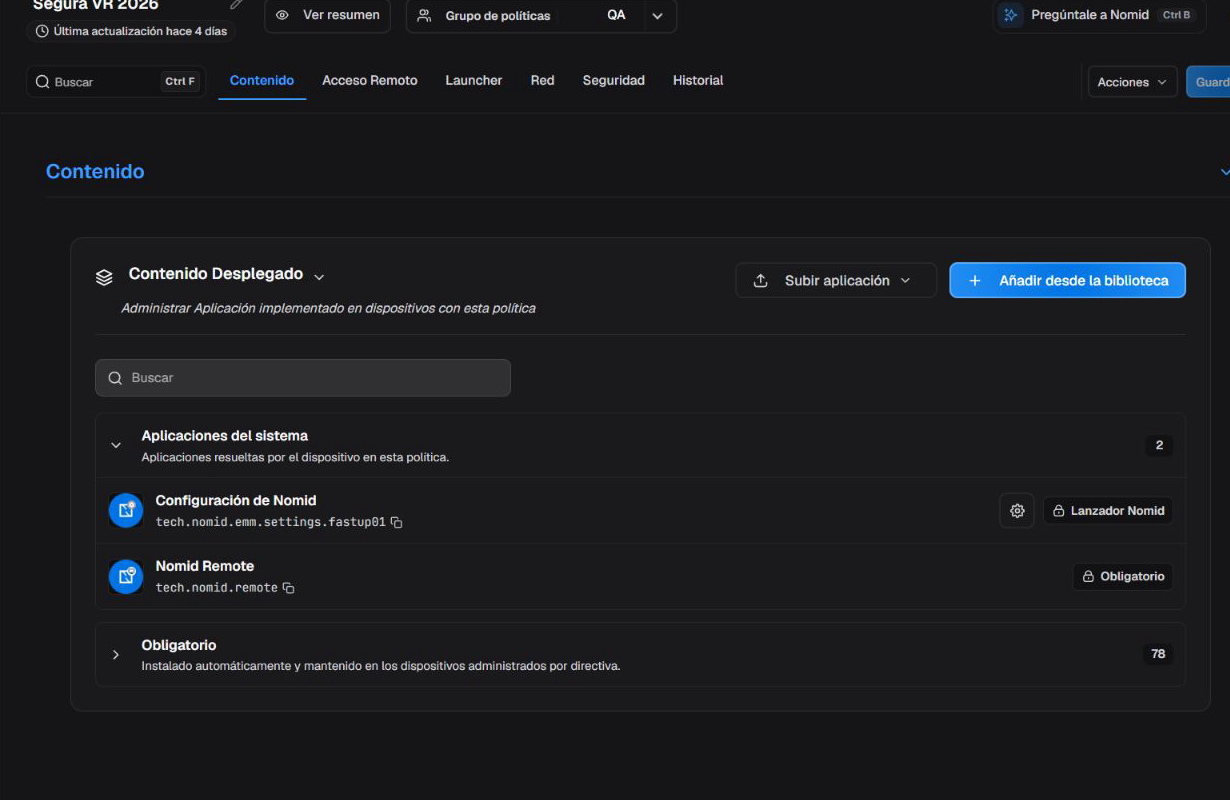 Pestaña Contenido del editor de políticas VR/Pico.