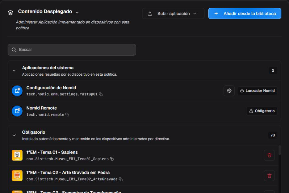 Contenido Desplegado con búsqueda, acciones para añadir contenido y grupos de aplicaciones abiertos.