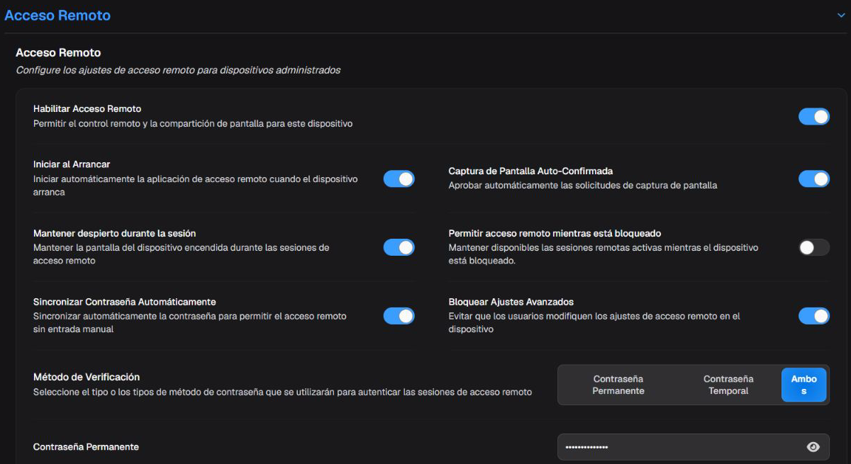 Ajustes de Acceso Remoto de la política, con la contraseña protegida.