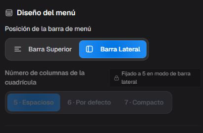 Controles de Diseño del menú en el lanzador.