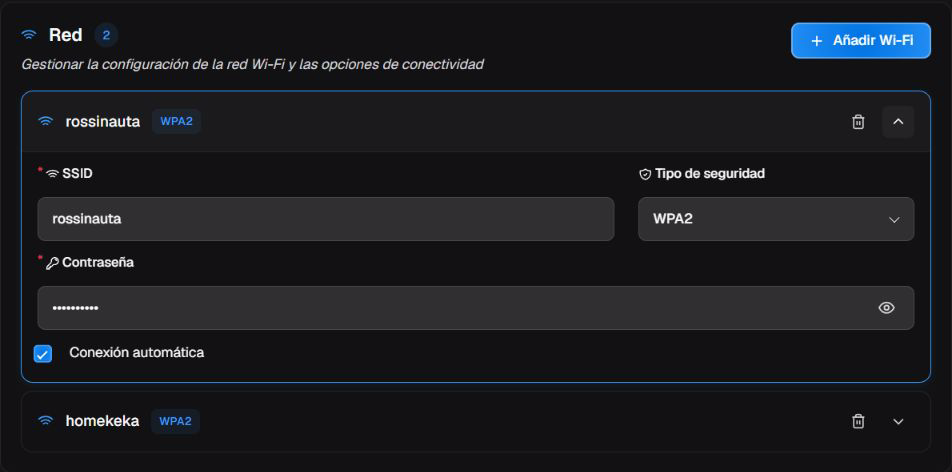 Red con un perfil Wi-Fi desplegado: SSID, seguridad WPA2, contraseña protegida y conexión automática.