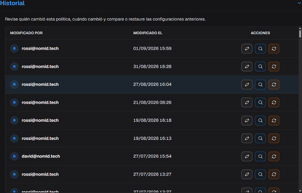 Historial con revisiones cargadas y acciones disponibles por fila.