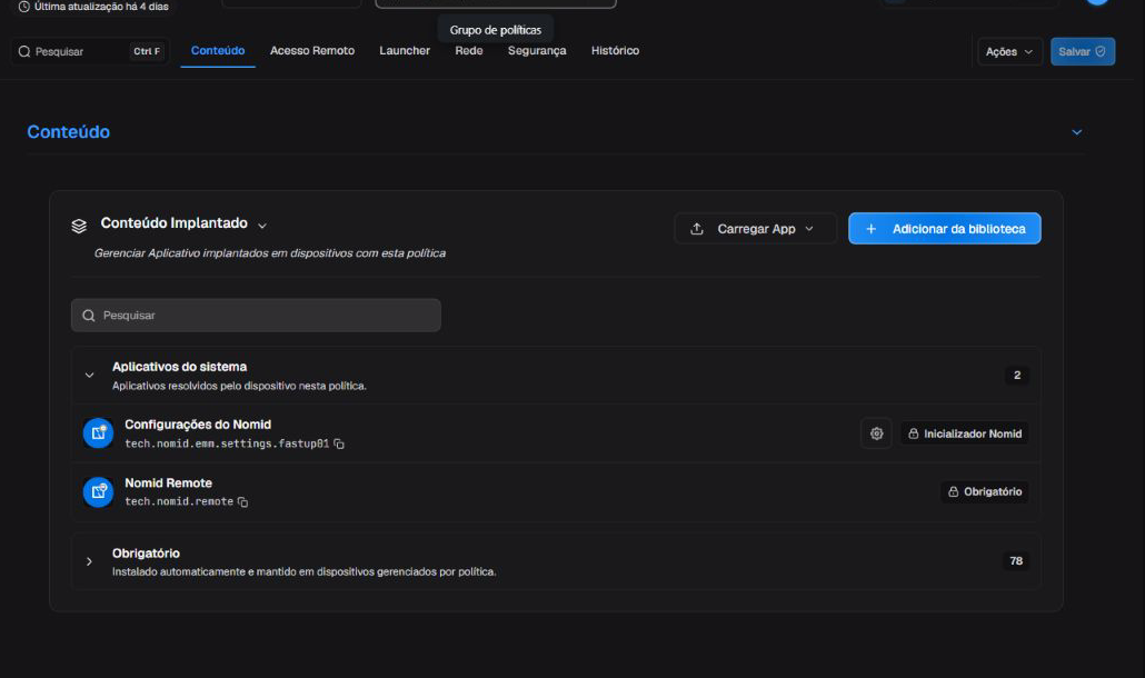 Aba Conteúdo do editor de políticas VR/Pico.