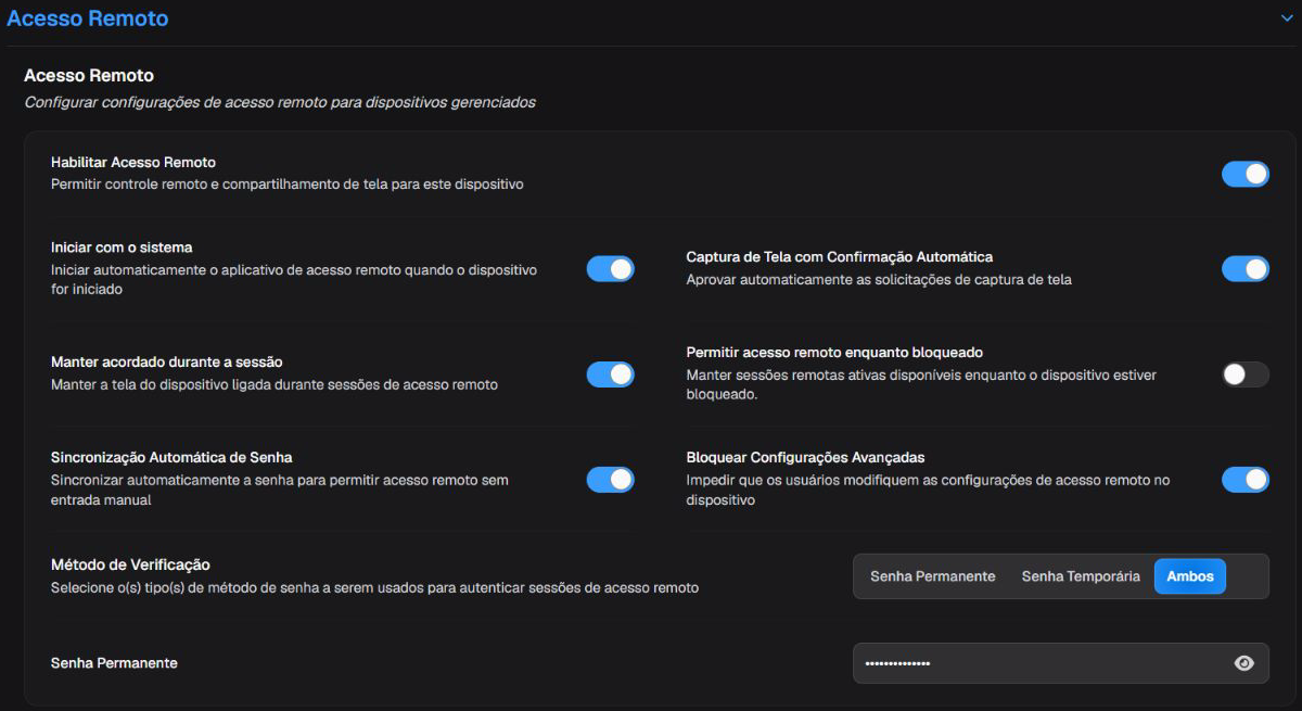 Configurações de Acesso Remoto da política, com senha protegida.