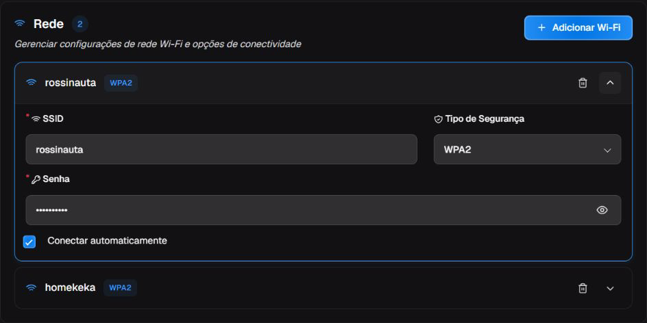 Rede com perfil Wi-Fi expandido: SSID, segurança WPA2, senha protegida e conexão automática.