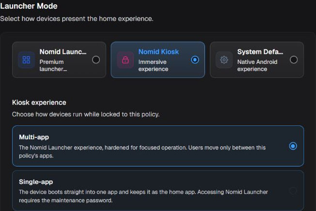 Launcher Mode box with launcher types and kiosk experiences
