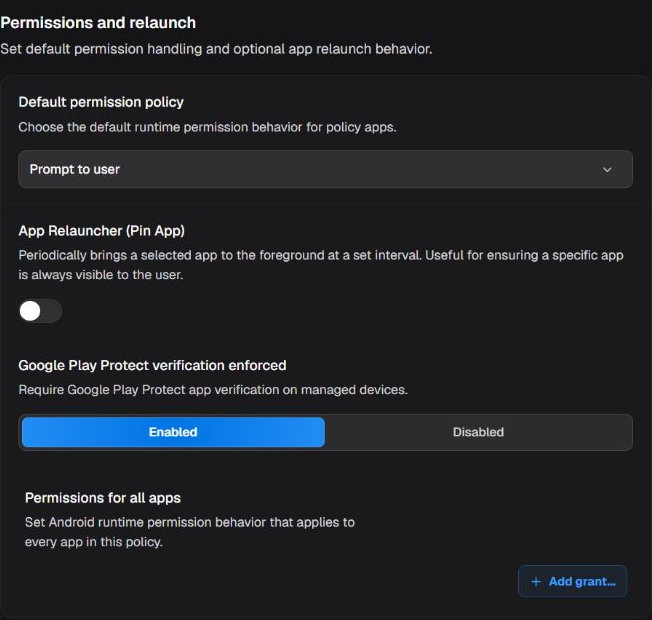 Permissions and relaunch box with default policy, relauncher, Play Protect, and global permissions