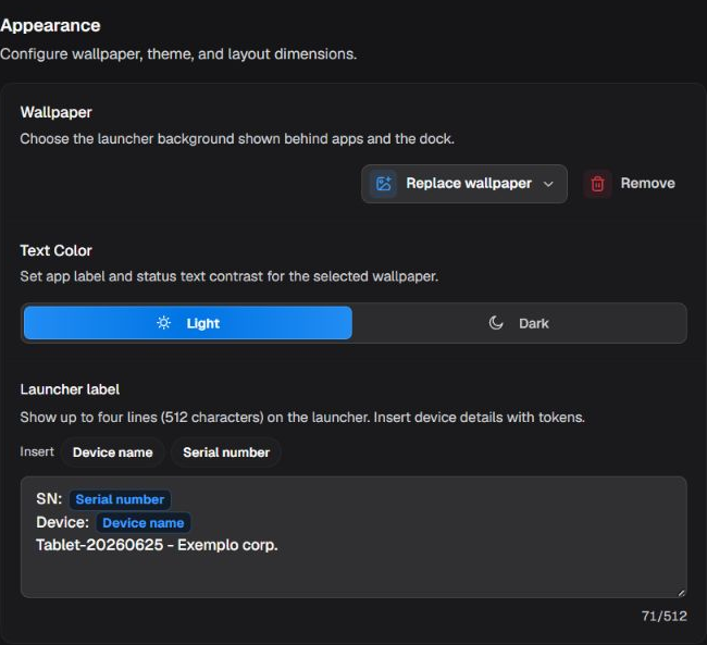 Appearance box with wallpaper, text color, and launcher label