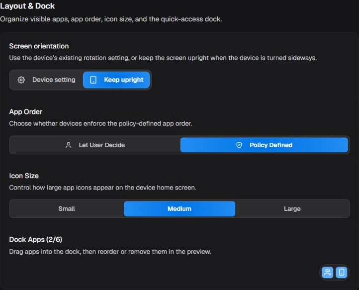 Layout and Dock box with screen orientation, app order, icon size, and dock apps