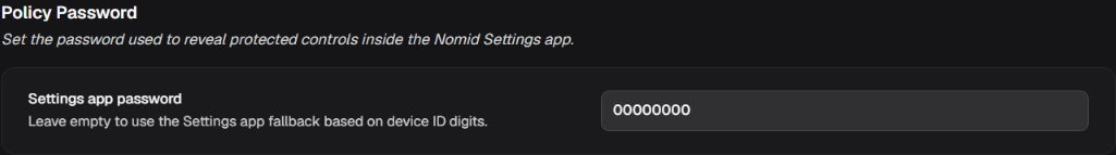 Policy Password box with the Settings app password field and fallback guidance