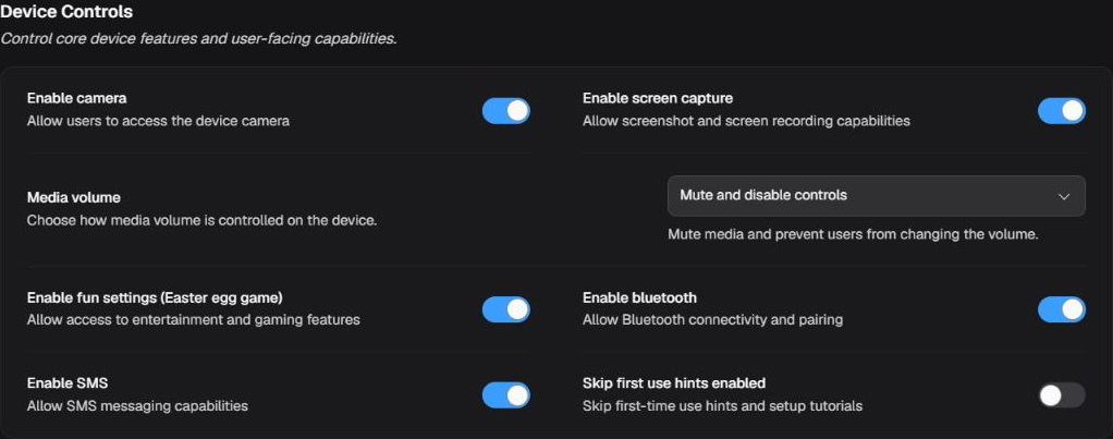 Device Controls box with camera, screen capture, media volume, fun features, Bluetooth, SMS, and first-use hints